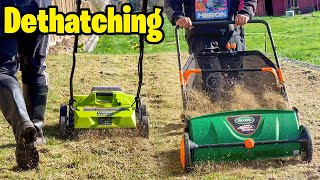 Dethatching before Overseeding Spring Overseed preparation Sun Joe Cordless Dethatcher is a beast [upl. by Merc486]