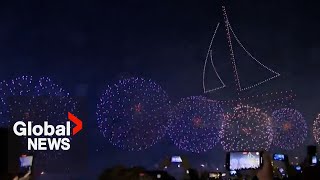 New Years 2024 Ras Al Khaimah enters New Year with magical drones fireworks and pyro show [upl. by Gnat882]