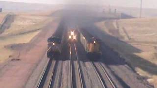 Three UP Coal Trains South of Bill WY [upl. by Namie]