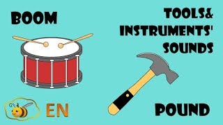 Music instruments and tools sounds First words for baby Onomatopoeia examples cartoon for kids [upl. by Magnum461]