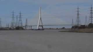 The Airbus plane wings boat Afon Dyfrdwy passes under the iconic Dee Estuary Bridge Flintshire Wales [upl. by Ellevehc]