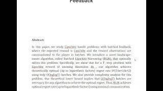 Lipschitz Bandits With Batched Feedback [upl. by Natsirc]