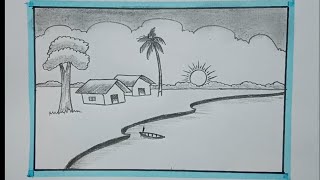 sunset scenery drawing with pencil for kids  scenery for kids [upl. by Janeen]