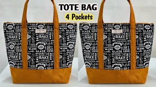 How to make reusable Tote bag with 4 Pockets  Shopping Bag Sewing Tutorial  how to make cloth bags [upl. by Judye]