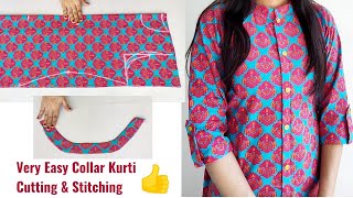 Long Collar Neck Front Slit Streight Cut Kurti Cutting amp Stitching  Collar Neck Kurti cutting [upl. by Eiramyelhsa993]