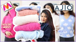 Cozy Winter Haul 2021 Fuzzy Knitted Sweaters Hoodies Sweater Vest  Ajio amp Myntra Haul [upl. by Ailedo]