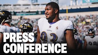 Calais Campbell speaks to the media after signing with the Atlanta Falcons  Press conference  NFL [upl. by Ayotyal823]