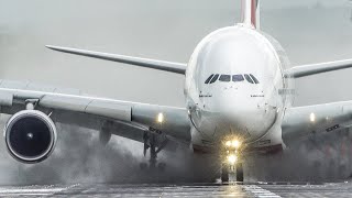 AIRBUS A380 LANDING ON A WET RUNWAY  BOEING 757 smokey CROSSWIND LANDING 4K [upl. by Naryb]