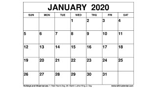 Free Printable January 2020 Calendar  WikiCalendarCom [upl. by Onairpic]