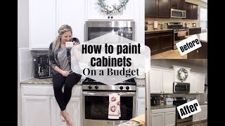 HOW TO PAINT KITCHEN CABINETS ON A BUDGET  DIY DARK TO WHITE CABINETS [upl. by Naie]