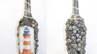 Decoupage lesson 40 decoupage of glass bottle in sea style with imitation of old silver metal [upl. by Aianat750]