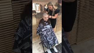 CHARITY HEADSHAVE Young red hair girl getting 3 mm buzzcut by blond barberette for charity [upl. by Niryt575]