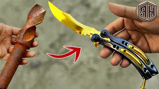 Rusted Drill Bit Forged into a 24K GOLD Plated BUTTERFLY KNIFE [upl. by Nilre]