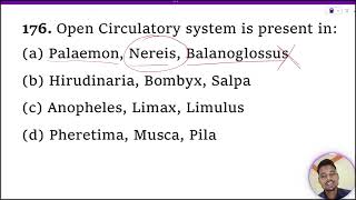 Open Circulatory system is present in 1 Palaemon Nereis Balanoglossus 2 Hirudinaria Bombyx [upl. by Inalej]