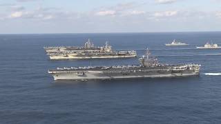 US Navy Three Carrier Formation in Western Pacific Ocean [upl. by Tatiana975]