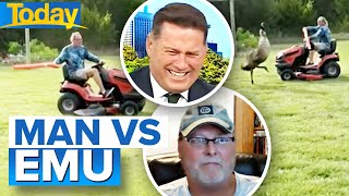 Man vs Emu Man fights off angry pet emu with pool noodle  Today Show Australia [upl. by Kcired347]