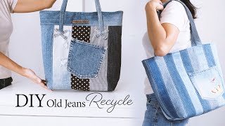 DIY Recycled Denim Tote Bag  Sewing  Tutorial [upl. by Atinahc915]