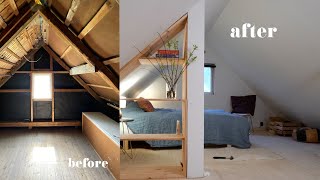 32 Attic bedroom DIY  Built in storage with reused shelves  Springtime in the garden [upl. by Burford]