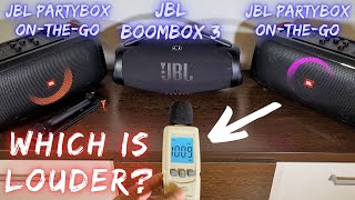 Which is Louder JBL Partybox OntheGo vs JBL Boombox 3  DECIBEL Test [upl. by Wolcott]