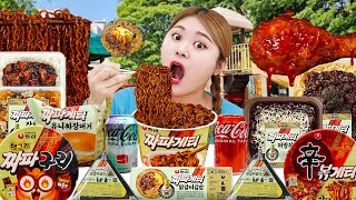 Korean Convenience Store Food Mukbang 짜파게티 짜장버거 짜장치킨 먹방 삼각김밥 컵라면 REAL SOUND  HIU 하이유 [upl. by Enyalahs825]