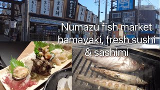 Numazu Fish Market walking with Hamayaki BBQ seafood sushi and sashimi Shizuoka Japan 沼津魚市場 [upl. by Jeffries]