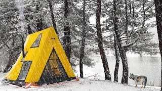 18C Winter Camp in Snowstorm ConditionsDeep Snow Camp at Lake and Forest in Heavy Snowfall [upl. by Lanahtan]