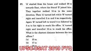 CSAT 2019 Solved Paper  A’ started from his house and walked 20 m towards East where his friend 13 [upl. by Roath]