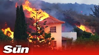 La Palma volcano – Drone view of molten lava destroying homes forcing 5k to flee [upl. by Cressida]