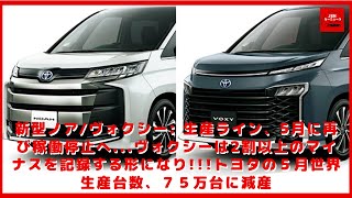 【トヨタ】新型ノアヴォクシー 生産ライン、5月に再び稼働停止へヴォクシーは2割以上のマイナスを記録する形になりトヨタの５月世界生産台数、７５万台に減産 [upl. by Aihsemaj453]