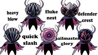 Charms  5heavy blowflukenestdefender crestquick slashnailmasters glory Hollow knight [upl. by Asserac]