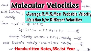 Molecular Velocities  Average Velocityl Root Mean Square Velocity  Most Probable Velocity [upl. by Kissel]