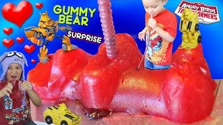 Kid Drinks Jelly from Giant Gummy Bear  Valentines Day Angry Birds Transformers Surprise Part 2 [upl. by Ehrenberg]