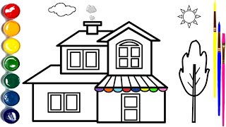 How To Draw A House From Shapes 🏠 Coloring and Painting for Kids🌈 [upl. by Lawlor]