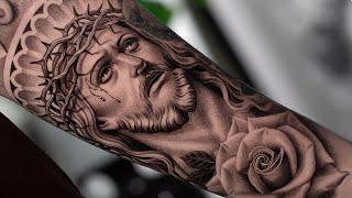 BLACK and GREY JESUS CHRIST TATTOO  TIMELAPSE Real Time Tattooing [upl. by Eladnyl]