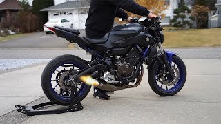 Yamaha MT07 Akrapovic Cold start  Revs  Fly by LOUD [upl. by Nuriel]