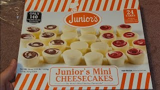 Costco Sale Item Review Juniors Mini Cheesecakes Original Strawberry Chocolate Swirl Taste Test [upl. by Ellerehc]