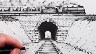 How to Draw using 1Point Perspective Train Track and Tunnel [upl. by Eleanora429]