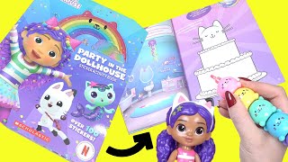 Gabbys Dollhouse Party Sticker Activity Book with Pandy Cakey DJ Catrat Dolls [upl. by Hteazile]