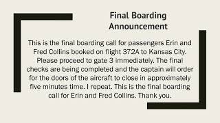 Final Boarding Announcement  Airline Announcements [upl. by Snevets]