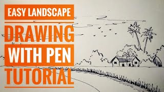 Easy landscape drawing  village landscape  How to draw landscape with fountain pen [upl. by Dewar]