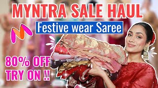 HUGE Myntra Sale Haul quotFESTIVE WEAR SAREEquot Celebrity inspired saree Organza Saree  Try on [upl. by Aroda]