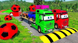 Flatbed Trailer Truck Transportation and Car Rescue  Cars vs Deep Water vs Potholes  BeamNGDrive [upl. by Eerized]