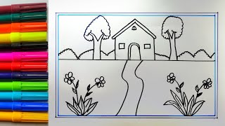 Beautiful Scenery Drawing kids  kids Drawing  Easy Drawing Village Scenery kids [upl. by Ainatit]