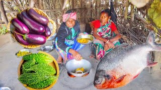 FISH CURRY with BRINJAL and KARELA VAJI recipe cooking amp eating by santali tribe old couple [upl. by Knepper]