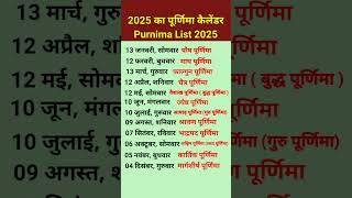 पूर्णिमा 2025 calendar  2025 Purnima Date List  Purnima kab hai 2025 2025purnimalist shorts [upl. by Etat]