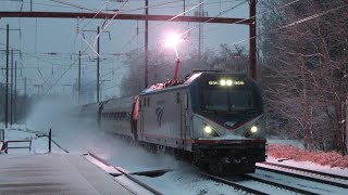 Plasma Discharge and snow kicked up from fast Amtrak trains in Odenton MD [upl. by Esmaria]