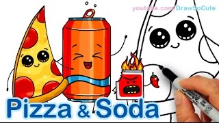 How to Draw Cute Pizza Slice amp Soda Can Cute and Easy [upl. by Kress]