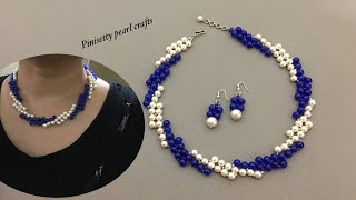 How to make beaded necklace with earringsPearl jewelry makingBeaded party wear necklace set [upl. by Montana]