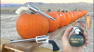 Worlds Most Powerful Revolvers vs Pumpkins vs Grenade m67 [upl. by Meihar]