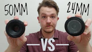 Canon 50MM f18 VS 24MM f28  Which budget lens is better for the M50 [upl. by Imit954]